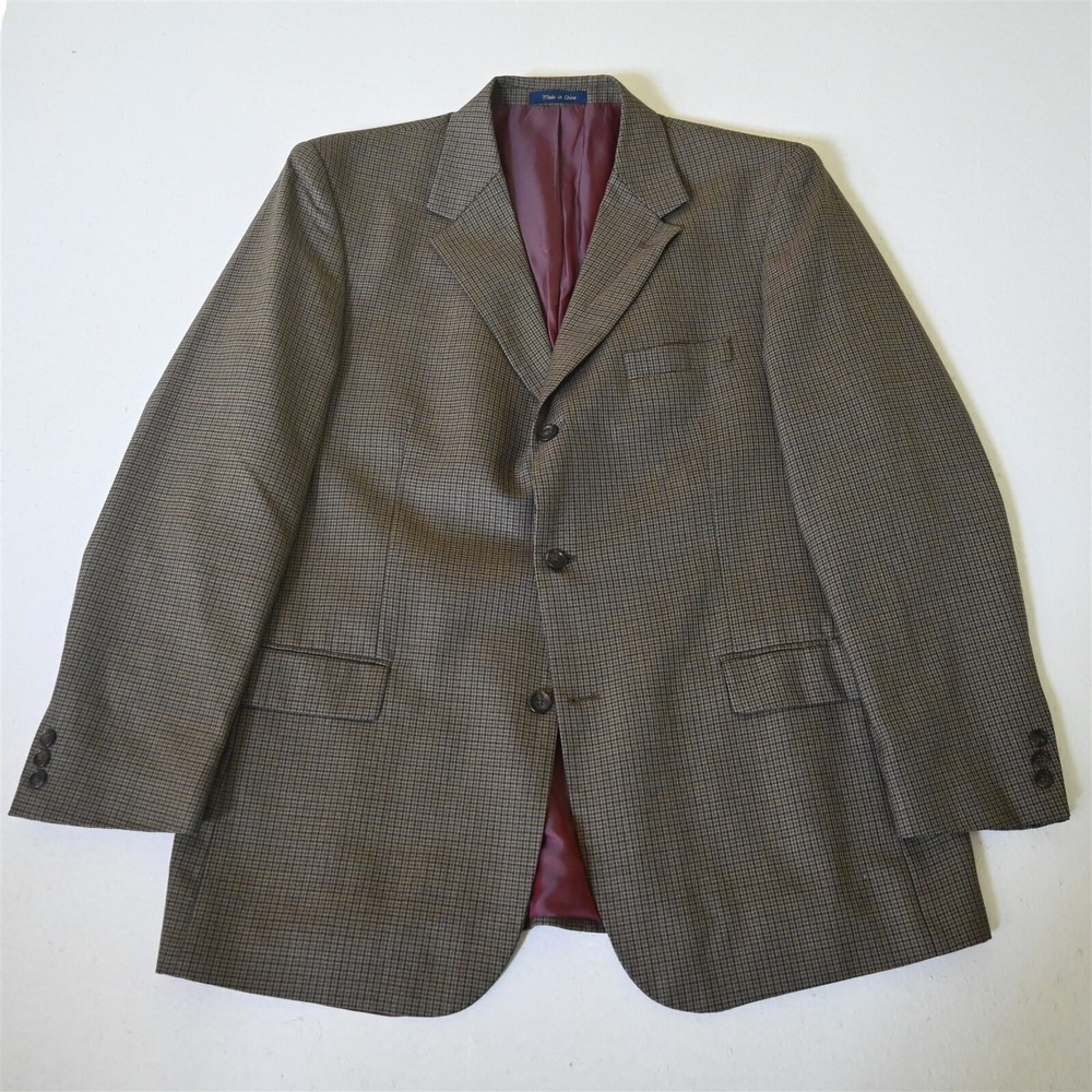 T. Harris 46L Brown Blue Houndstooth 100% Wool Blazer Suit Jacket Sport Coat
